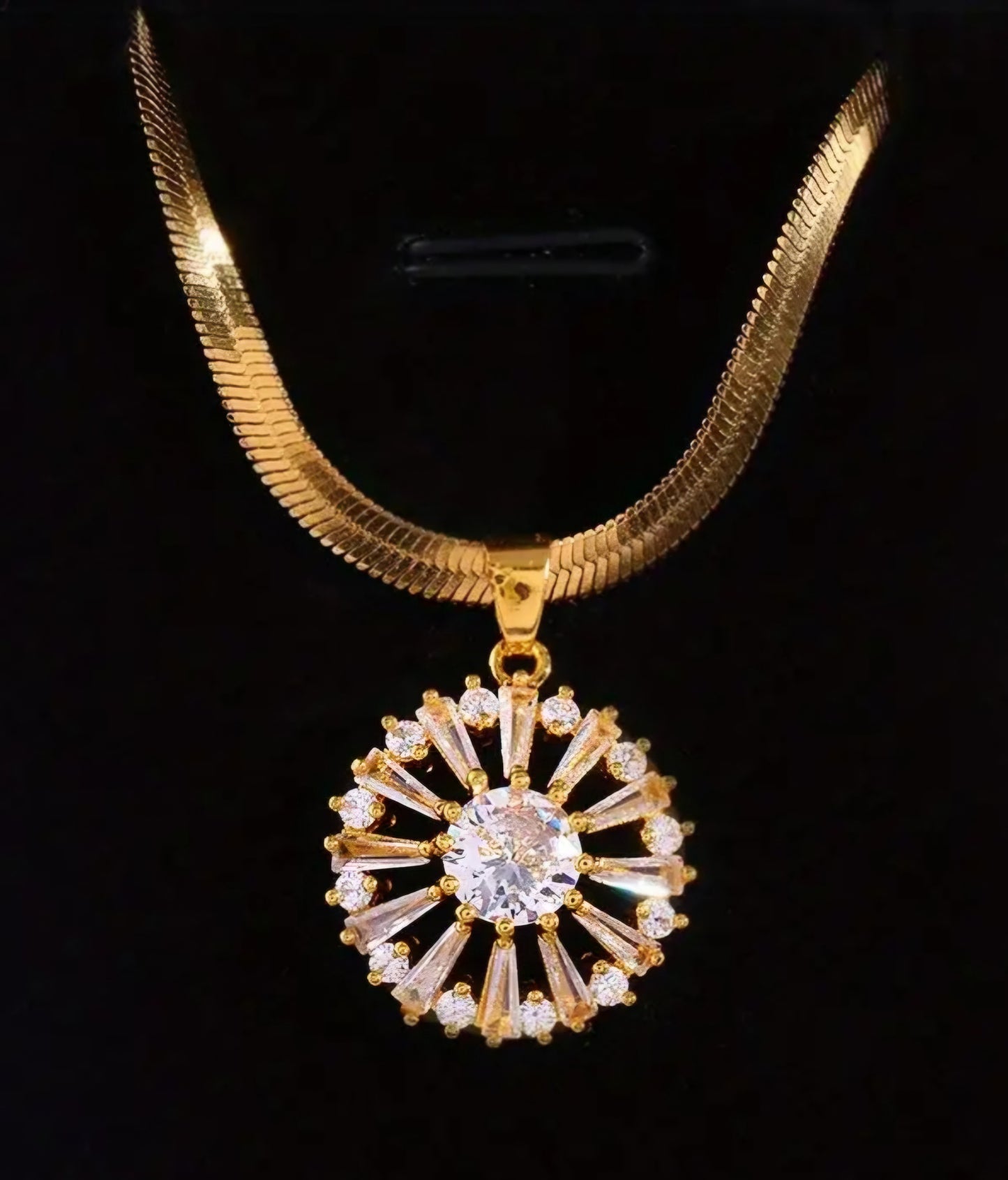 Gold Plated Copper Filled Flower Shaped Cubic Zircon Pendant With Flat Herringbone Link Chain Necklace Set