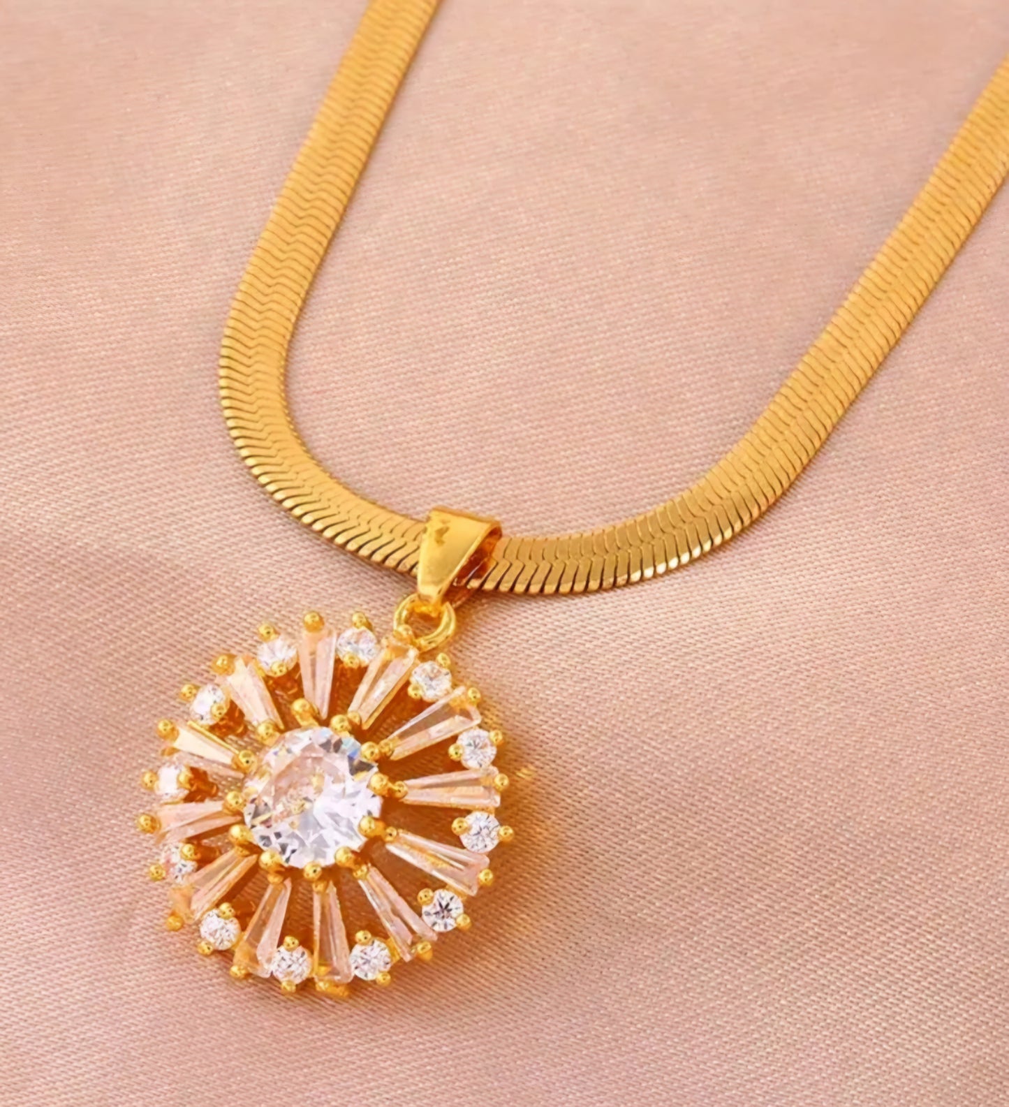 Gold Plated Copper Filled Flower Shaped Cubic Zircon Pendant With Flat Herringbone Link Chain Necklace Set