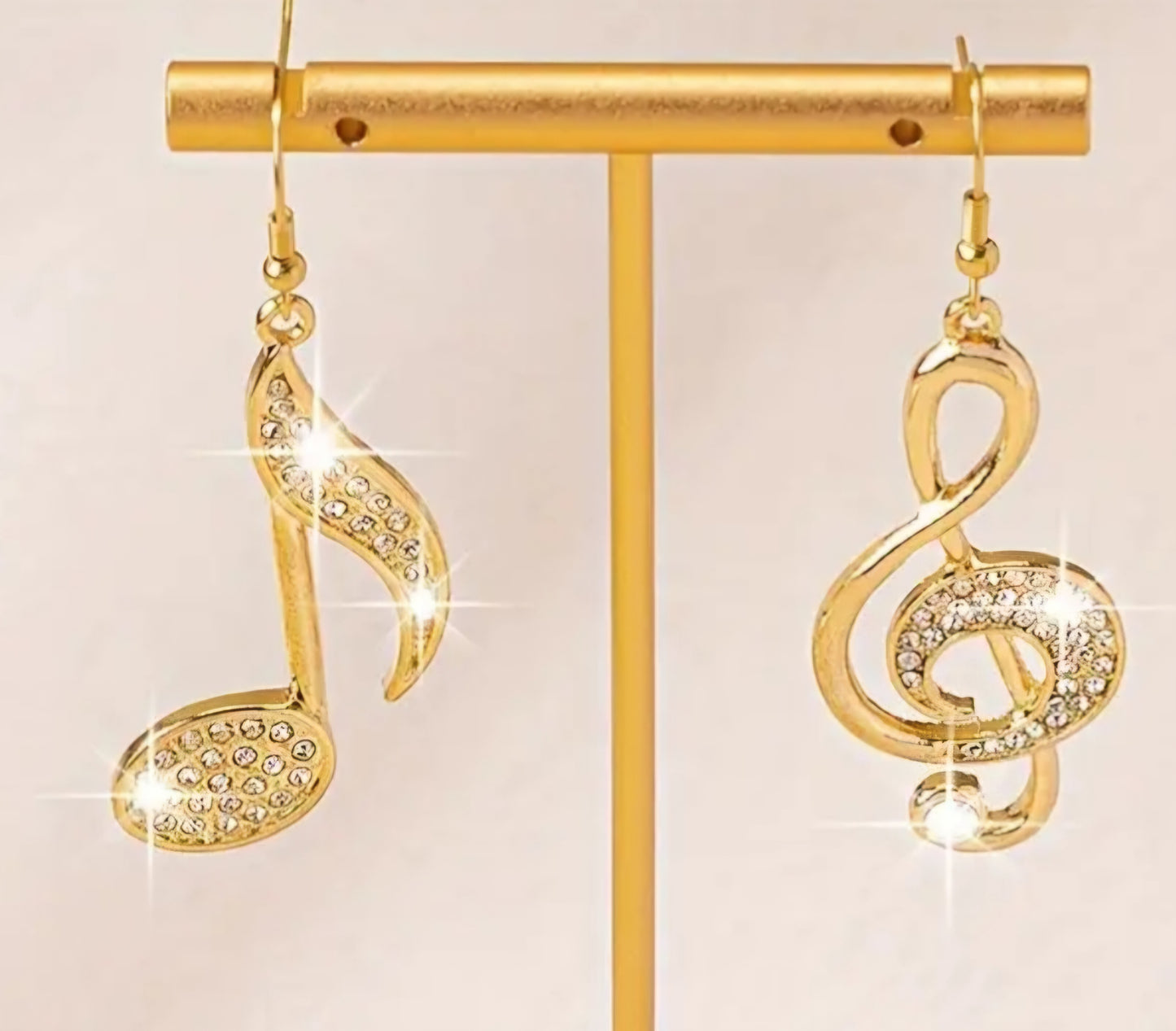 Bling Gold Plated Rhinestone Inlay Music Note Treble Clef Large Drop Dangle Earrings