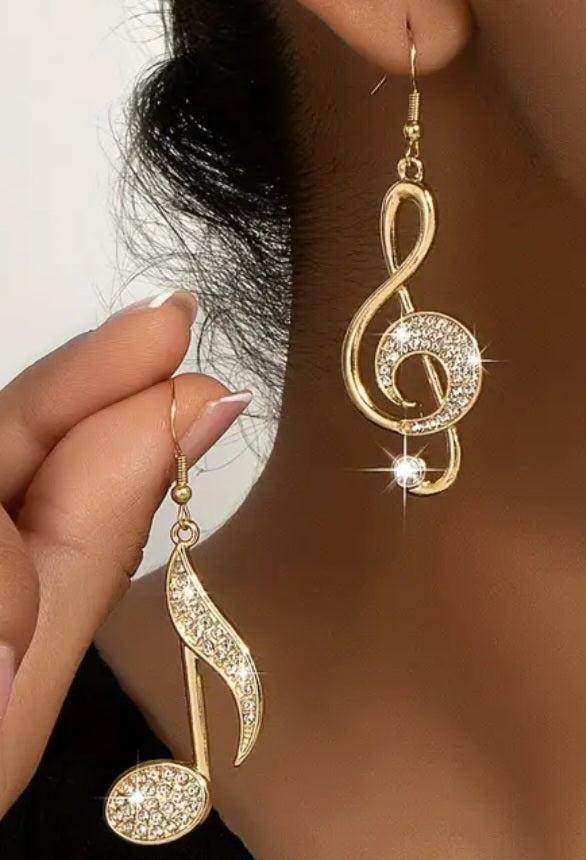 Bling Gold Plated Rhinestone Inlay Music Note Treble Clef Large Drop Dangle Earrings