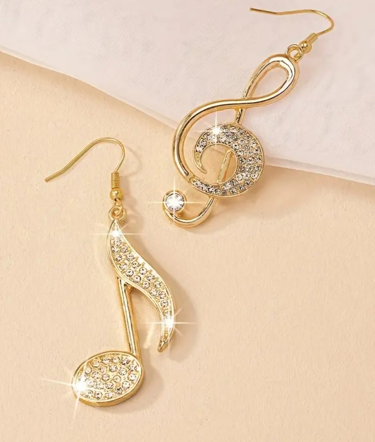 Bling Gold Plated Rhinestone Inlay Music Note Treble Clef Large Drop Dangle Earrings