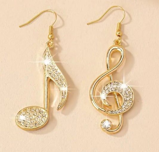 Bling Gold Plated Rhinestone Inlay Music Note Treble Clef Large Drop Dangle Earrings