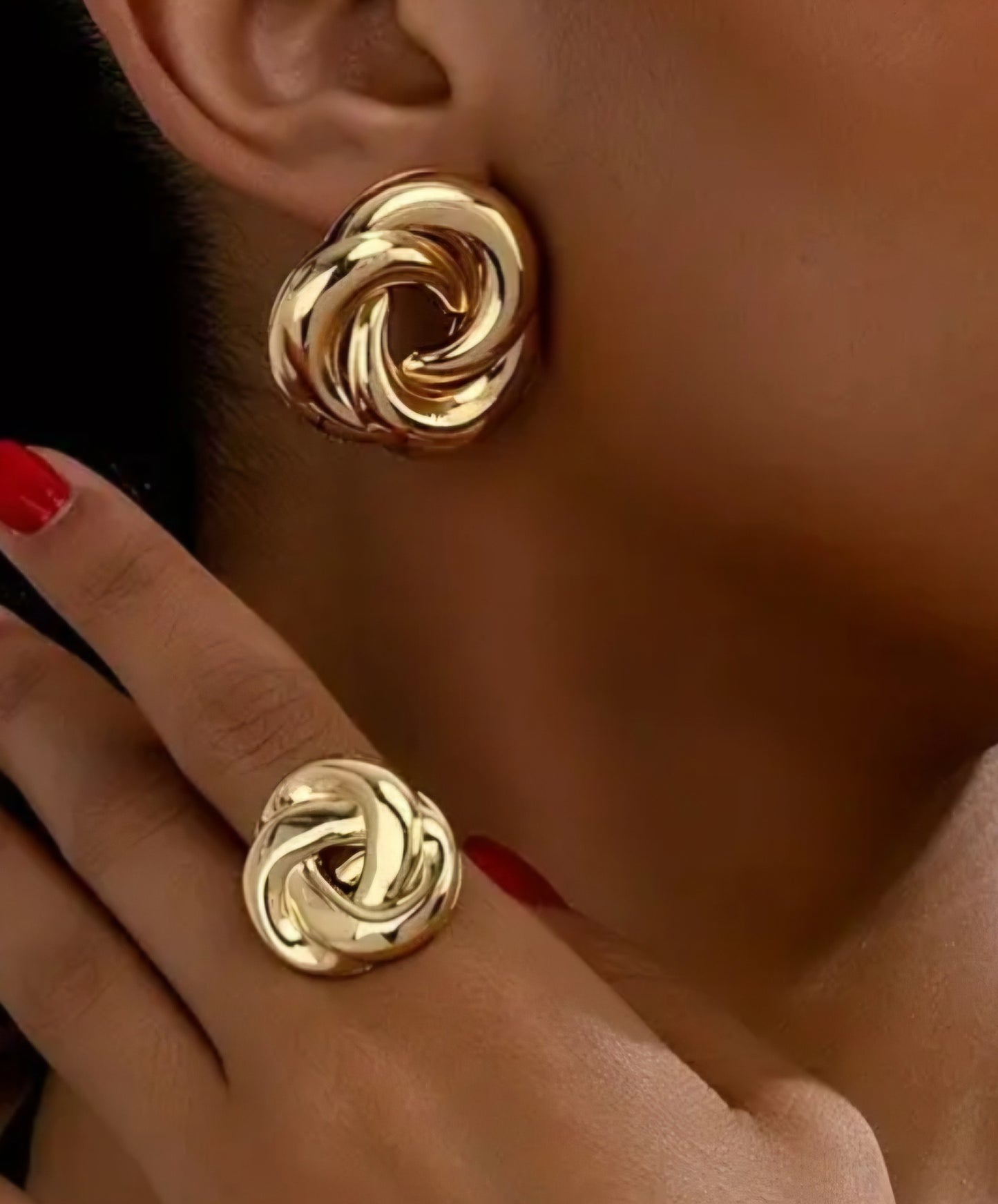 Gold Plated Knot Design Stud Earrings And Ring Set