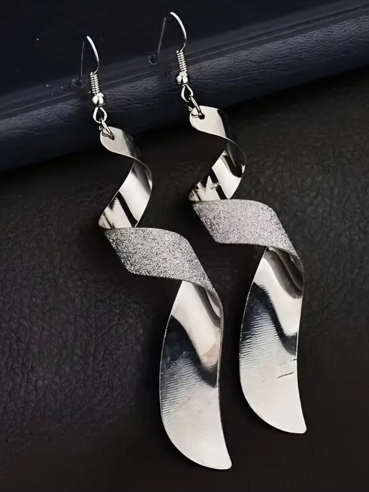 Curled Frosted Silver Plated Metal Extra Large Drop Earrings