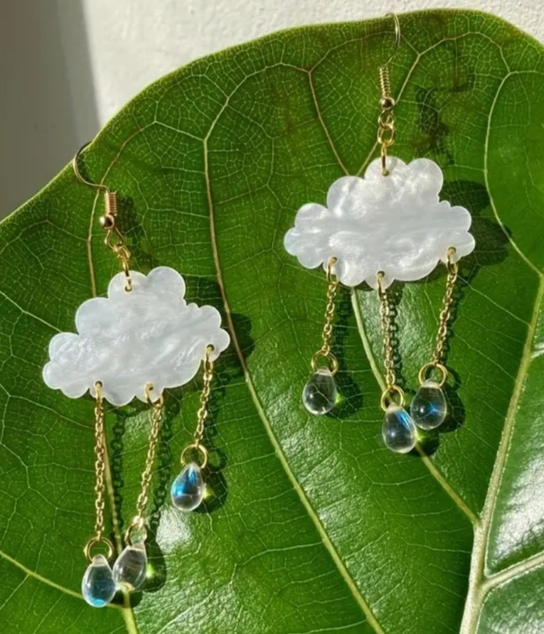 Cloud With Translucent Rain Drops Blue Sparkle Acrylic Dangle Earrings