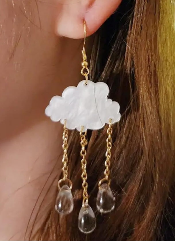 Cloud With Translucent Rain Drops Blue Sparkle Acrylic Dangle Earrings