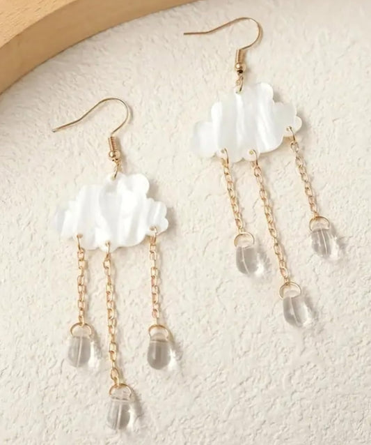 Cloud With Translucent Rain Drops Blue Sparkle Acrylic Dangle Earrings