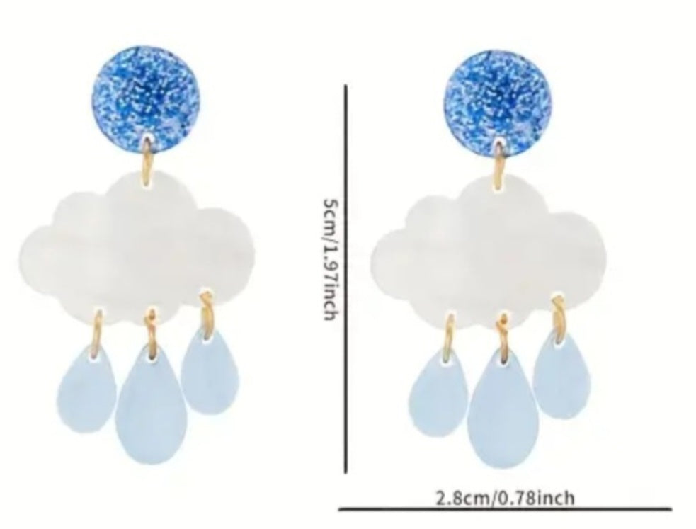 Cloud With Rain Drops Blue Sparkle Acrylic Dangle Earrings