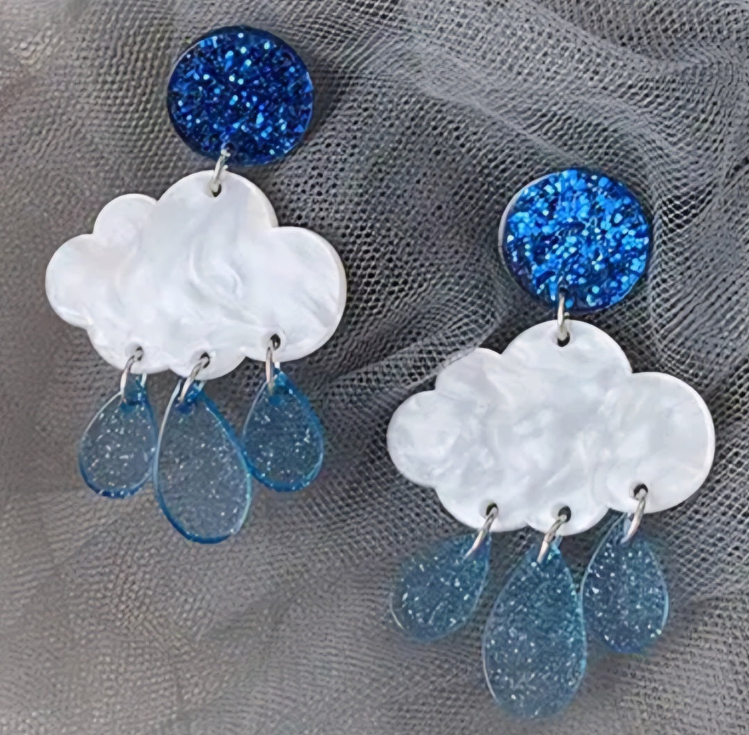 Cloud With Rain Drops Blue Sparkle Acrylic Dangle Earrings