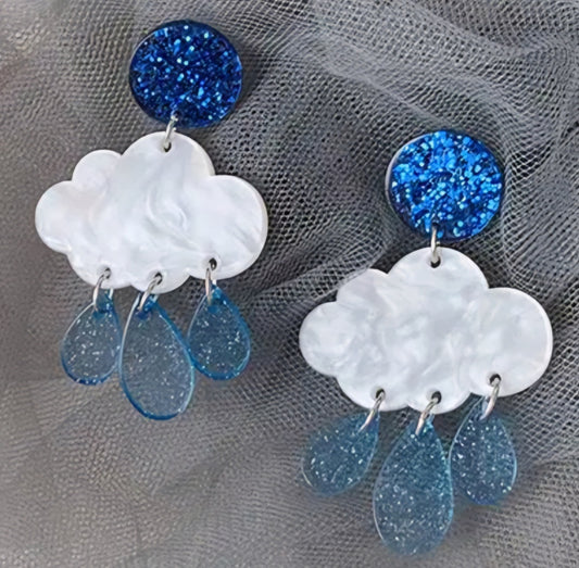 Cloud With Rain Drops Blue Sparkle Acrylic Dangle Earrings