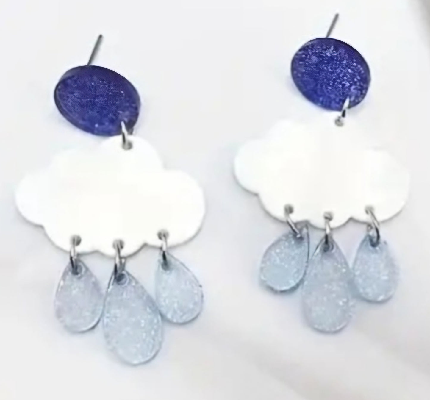 Cloud With Rain Drops Blue Sparkle Acrylic Dangle Earrings