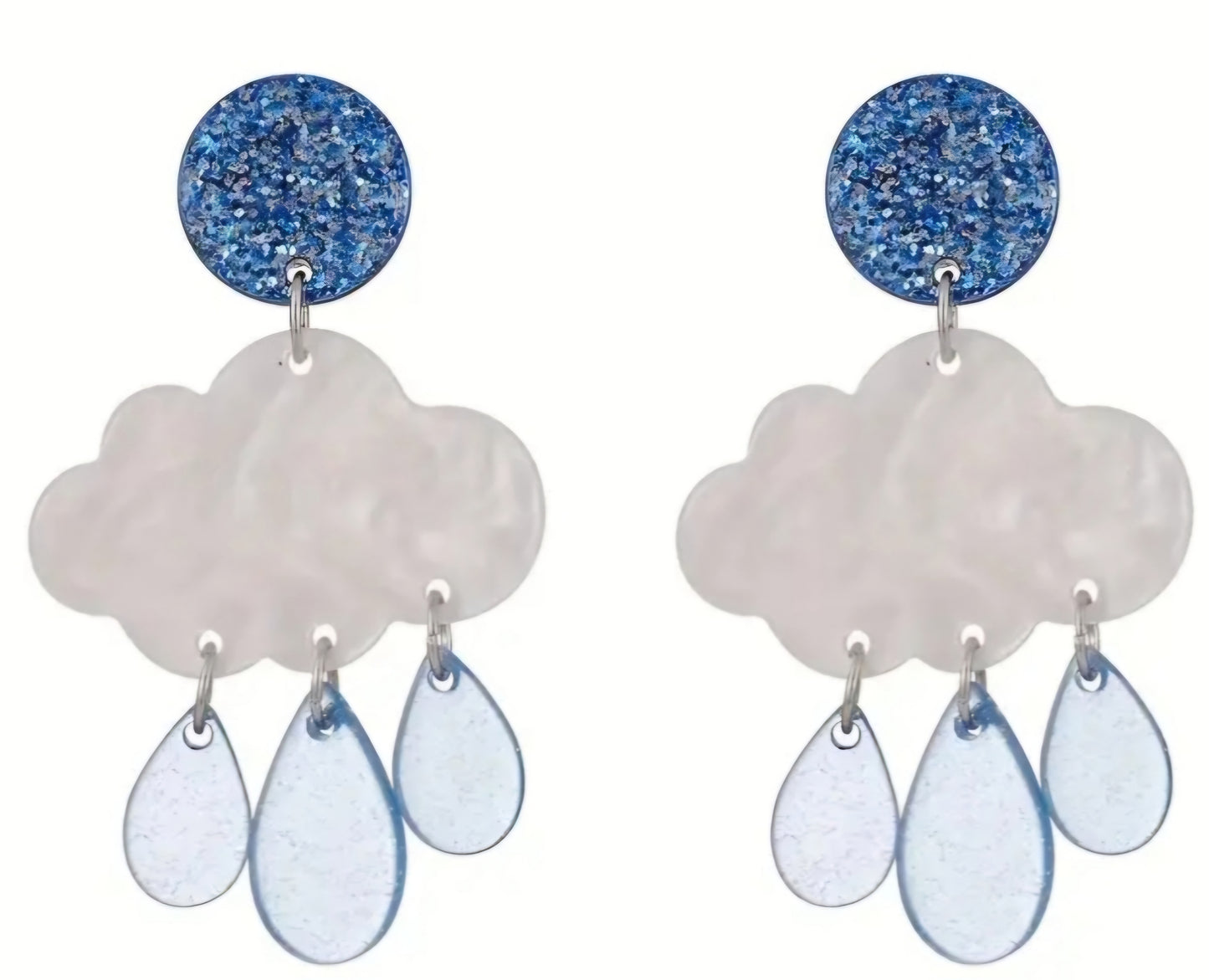 Cloud With Rain Drops Blue Sparkle Acrylic Dangle Earrings