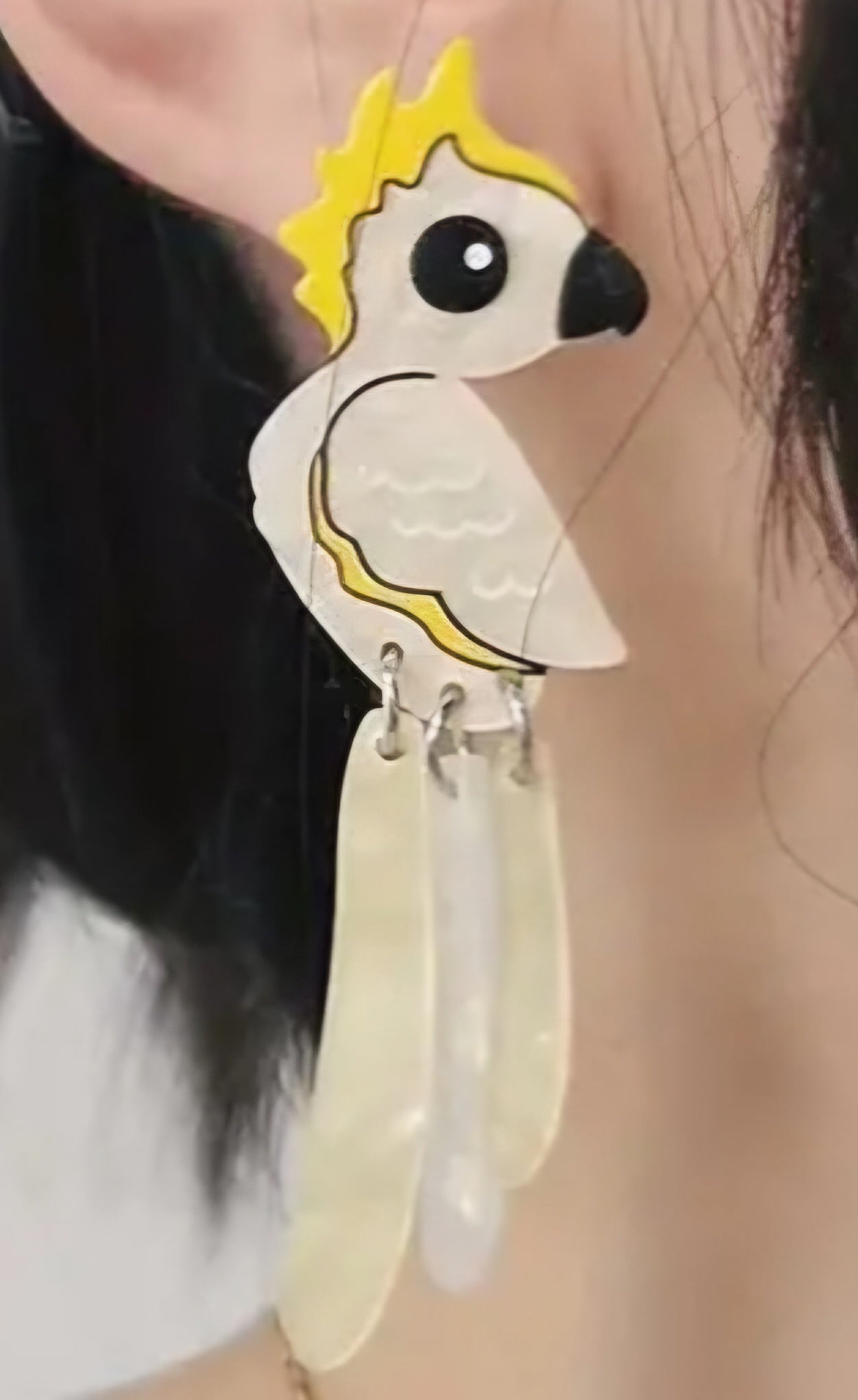 Acrylic Sulphur-Crested Cockatoo Parrot Pearlized Design Drop Dangle Earrings