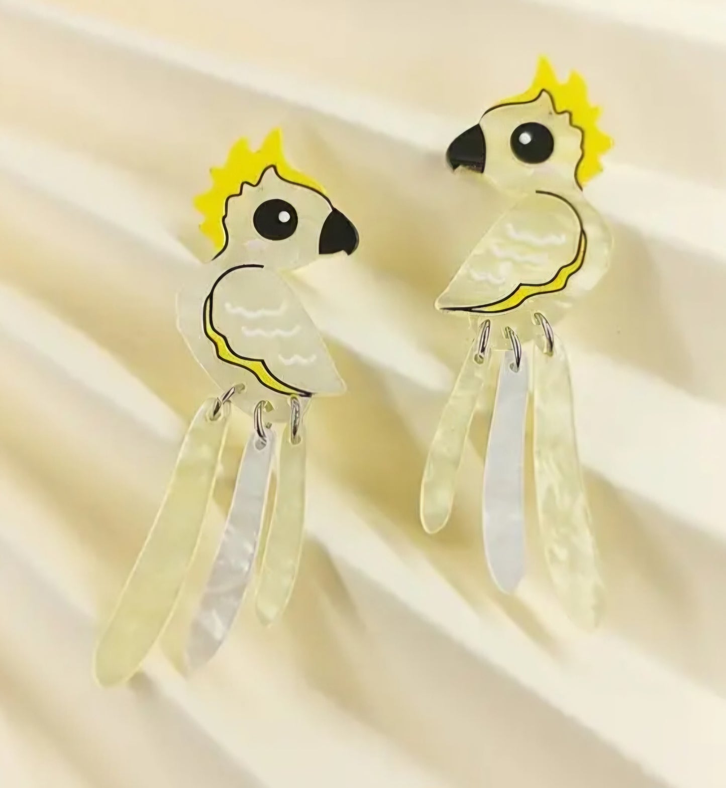 Acrylic Sulphur-Crested Cockatoo Parrot Pearlized Design Drop Dangle Earrings