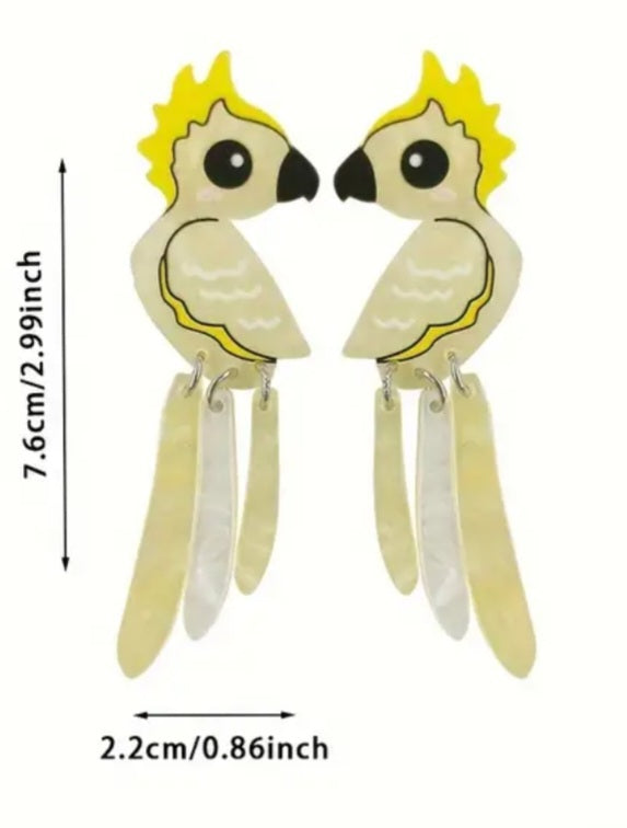 Acrylic Sulphur-Crested Cockatoo Parrot Pearlized Design Drop Dangle Earrings