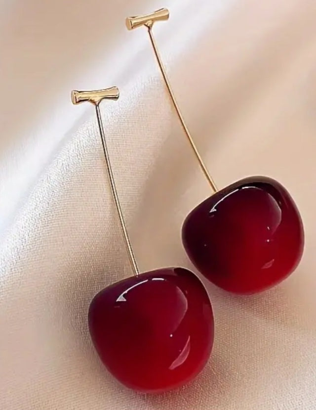 Cherry Design Dark Red Gold Plated Resin Cherries Drop Earrings