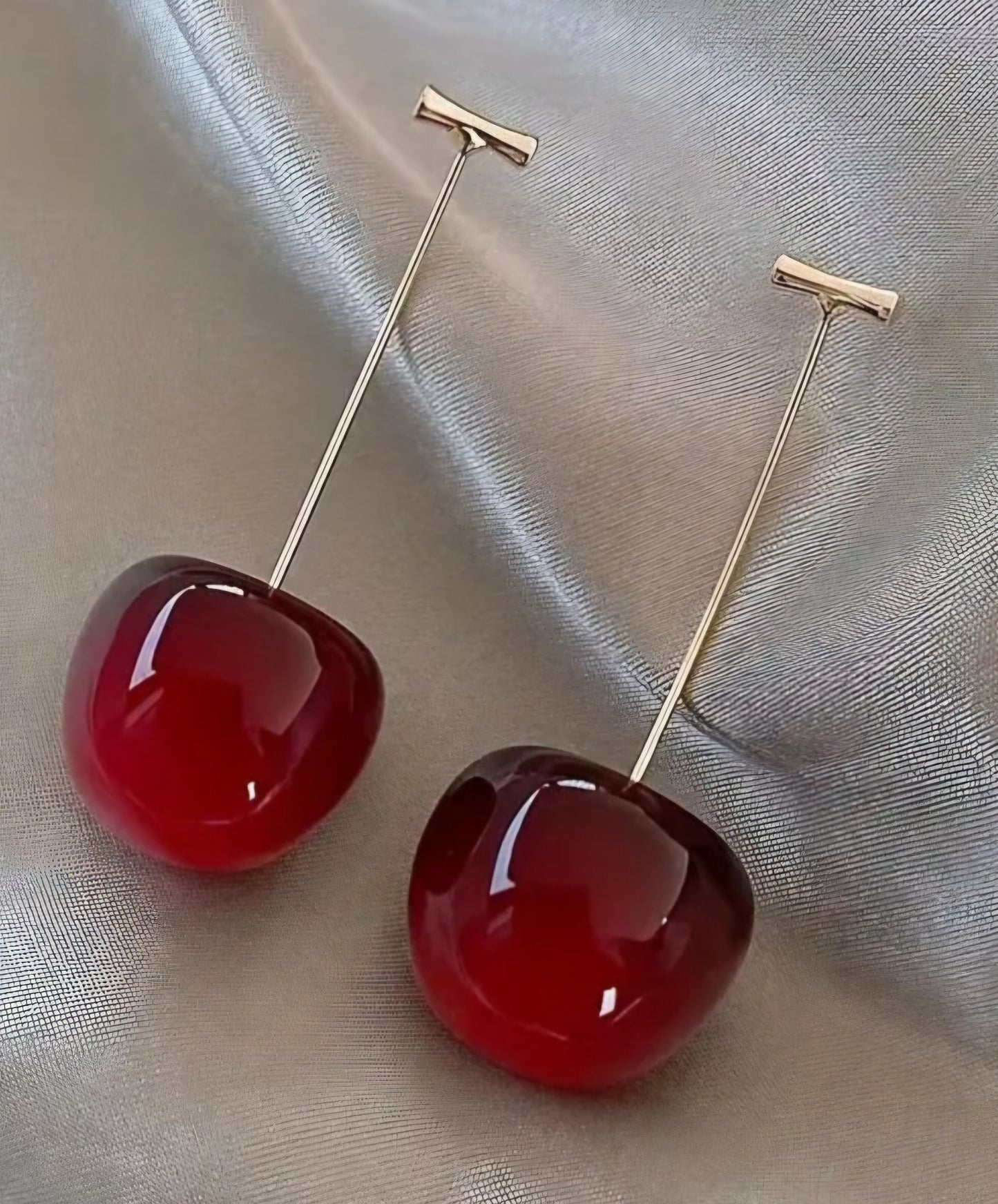 Cherry Design Dark Red Gold Plated Resin Cherries Drop Earrings