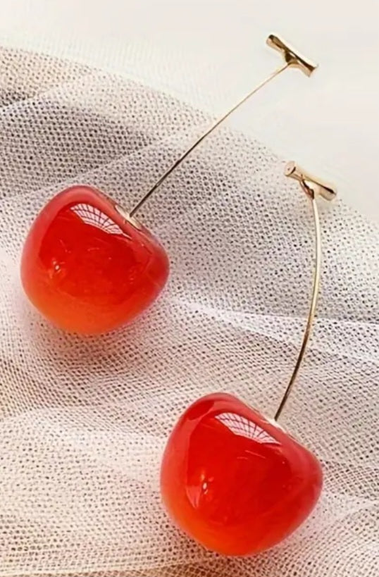 Cherry Design Dark Red Gold Plated Resin Cherries Drop Earrings