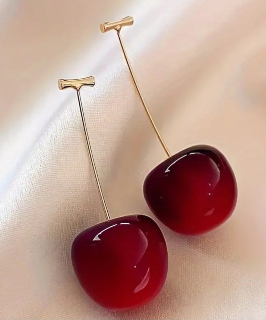 Cherry Design Dark Red Gold Plated Resin Cherries Drop Earrings