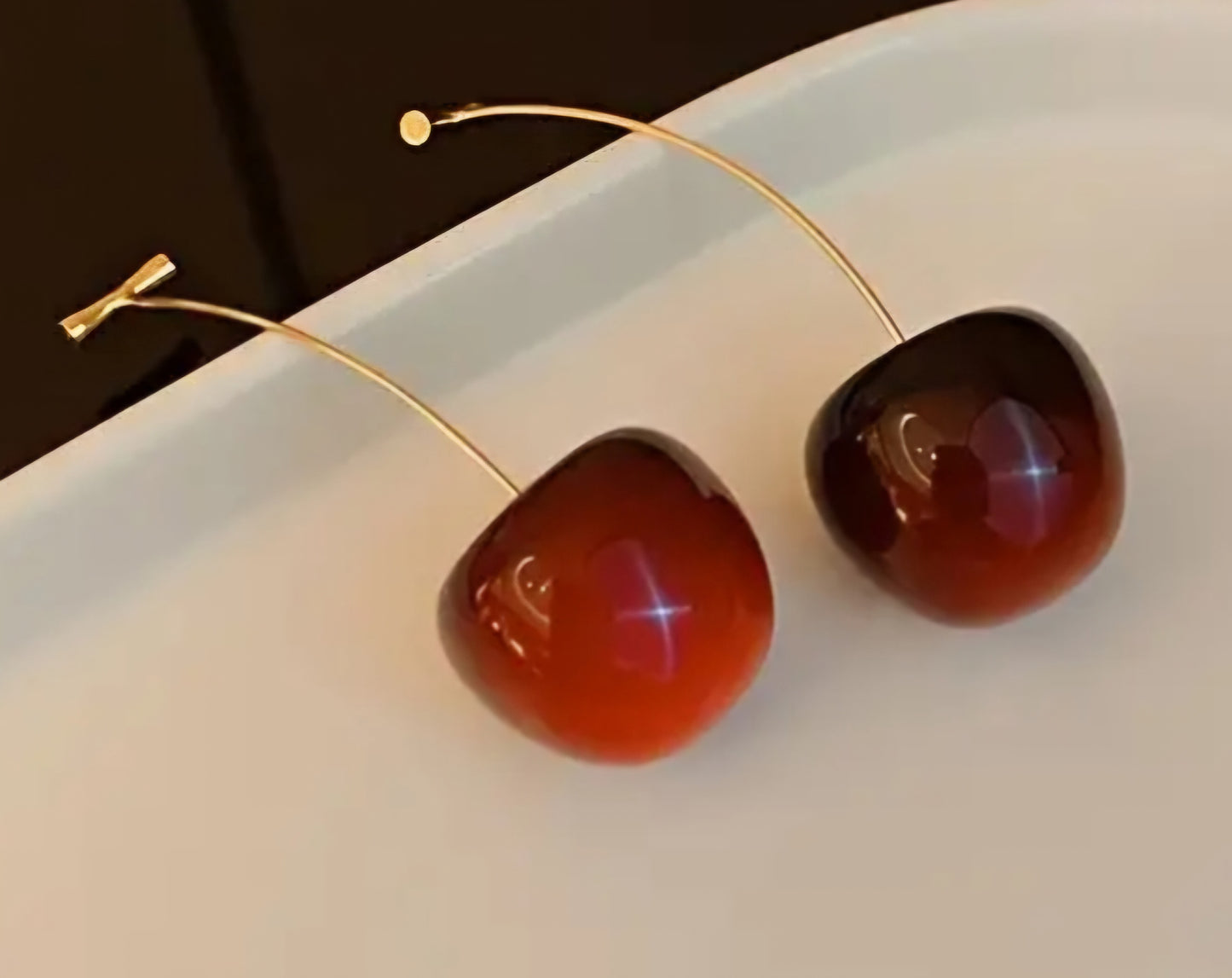 Cherry Design Dark Red Gold Plated Resin Cherries Drop Earrings