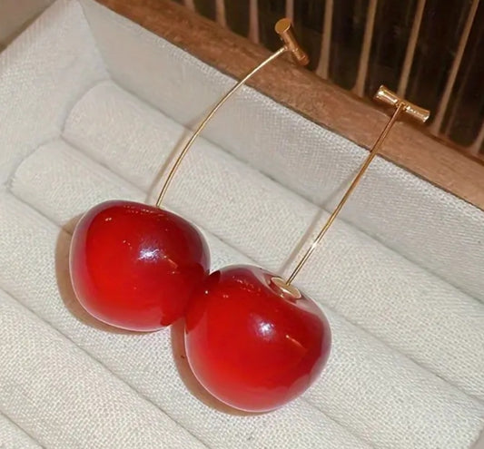 Cherry Design Dark Red Gold Plated Resin Cherries Drop Earrings