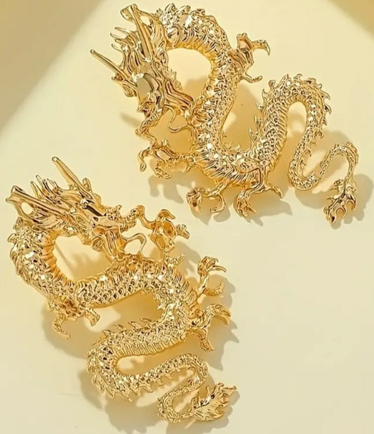 Chinese Dragon Prosperity Good Luck Extra Large Gold plated Stud Earrings