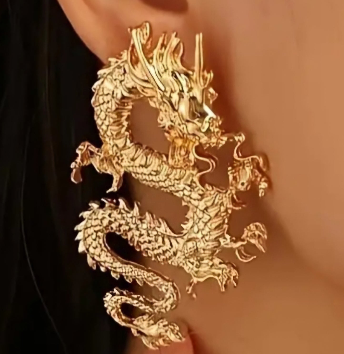 Chinese Dragon Prosperity Good Luck Extra Large Gold plated Stud Earrings