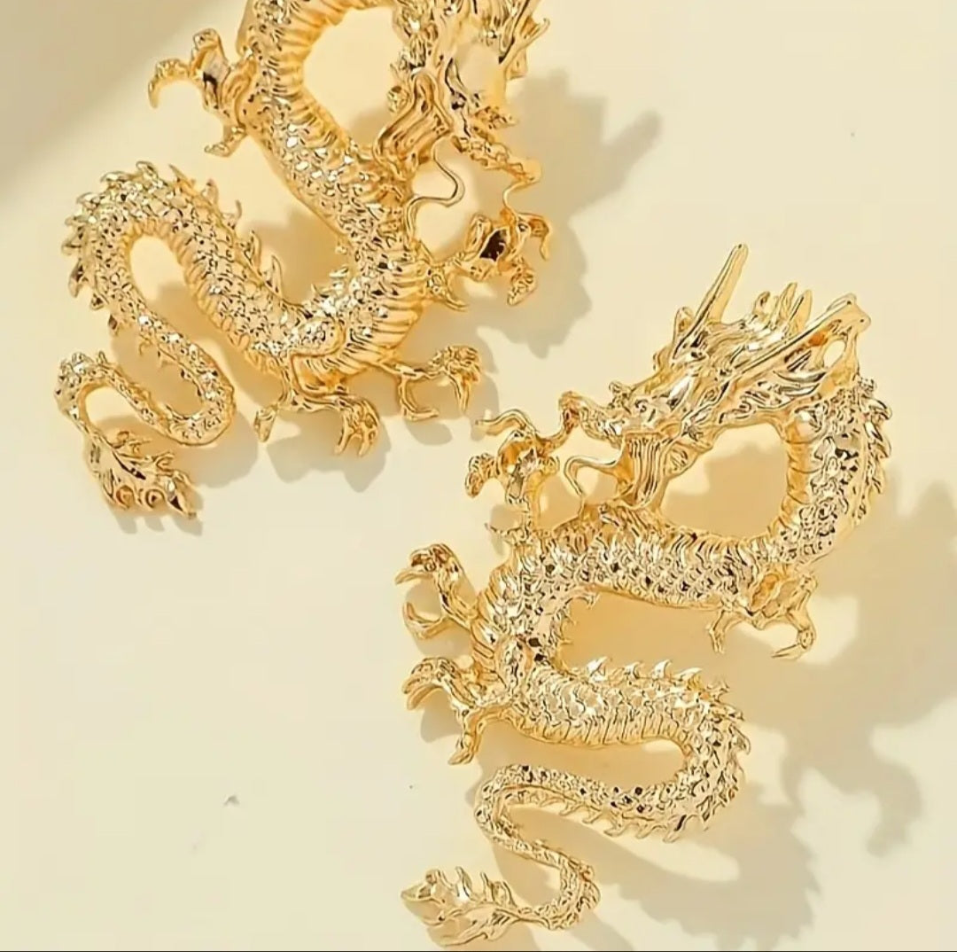 Chinese Dragon Prosperity Good Luck Extra Large Gold plated Stud Earrings