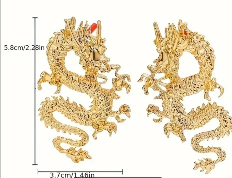 Chinese Dragon Prosperity Good Luck Extra Large Gold plated Stud Earrings