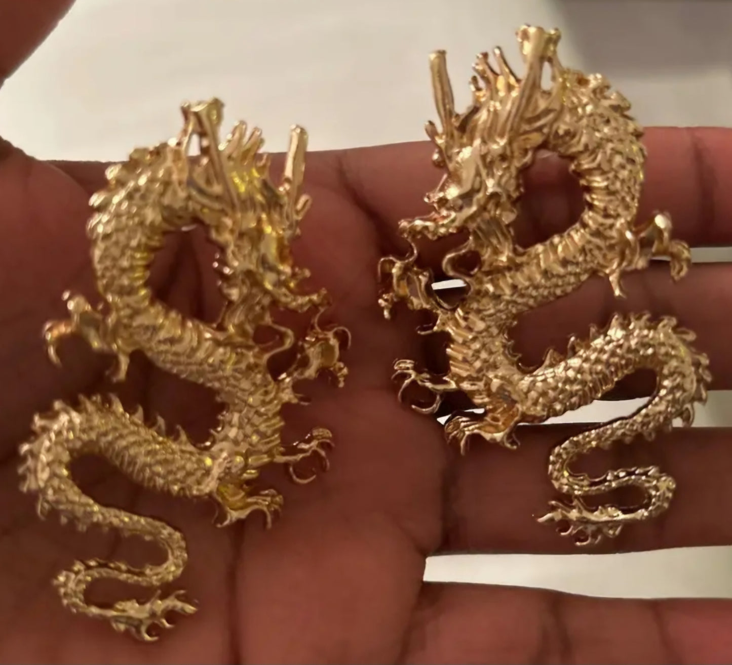 Chinese Dragon Prosperity Good Luck Extra Large Gold plated Stud Earrings