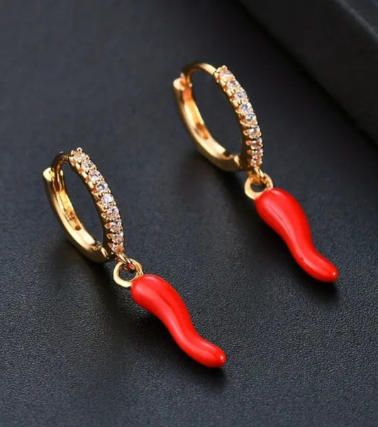 Gold Plated Copper Cubic Zircon Good Luck Italian Horn Little Chili Cornicello Corn Huggie Dangle Earrings