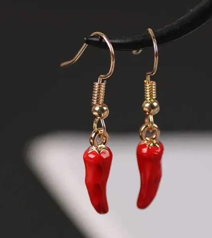 Gold Plated Good Luck Italian Horn Little Chili Cornicello Corn Dangle Earrings