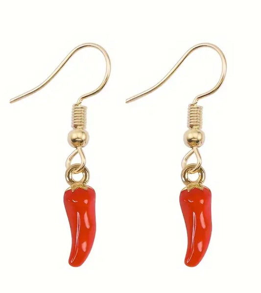 Gold Plated Good Luck Italian Horn Little Chili Cornicello Corn Dangle Earrings