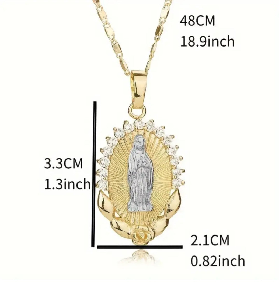 Gold Plated Two- Colour Cubic Zircon Madonna Our Lady Virgin Mary Faith And Love Rose Flower Antique Classic Look Oval Pendant And Chain Necklace