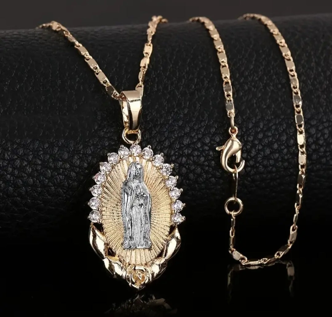 Gold Plated Two- Colour Cubic Zircon Madonna Our Lady Virgin Mary Faith And Love Rose Flower Antique Classic Look Oval Pendant And Chain Necklace