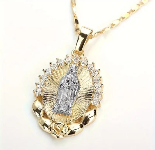 Gold Plated Two- Colour Cubic Zircon Madonna Our Lady Virgin Mary Faith And Love Rose Flower Antique Classic Look Oval Pendant And Chain Necklace