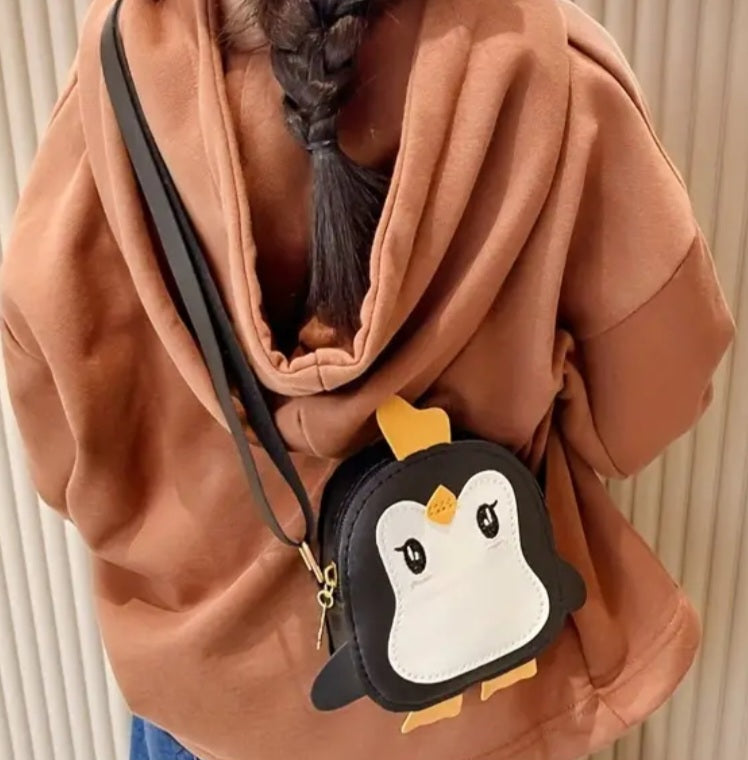 Adorable Kawaii Cute Mini Black Penguin Bird PU Vegan Leather Hand Bag Purse With Strap