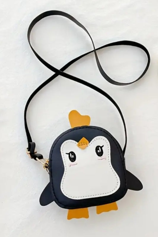 Adorable Kawaii Cute Mini Black Penguin Bird PU Vegan Leather Hand Bag Purse With Strap