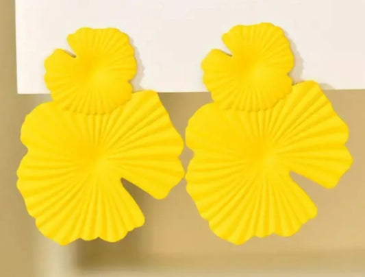 Bright Large Daisy Flower Floral Design Yellow Enamel Painted Metal Drop Earrings