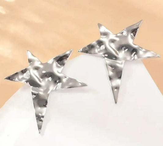 Hammered Metal Large Long Point Star Silver Plated Stud Earrings