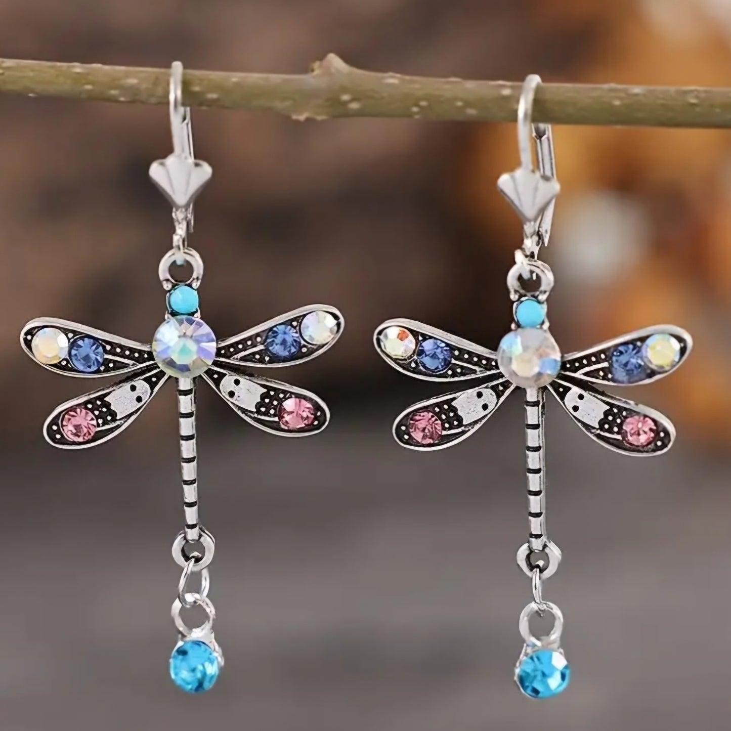 Colourful Ornate Silver Plated Rhinestone Inlay Dragonfly Design Drop Dangle Earrings