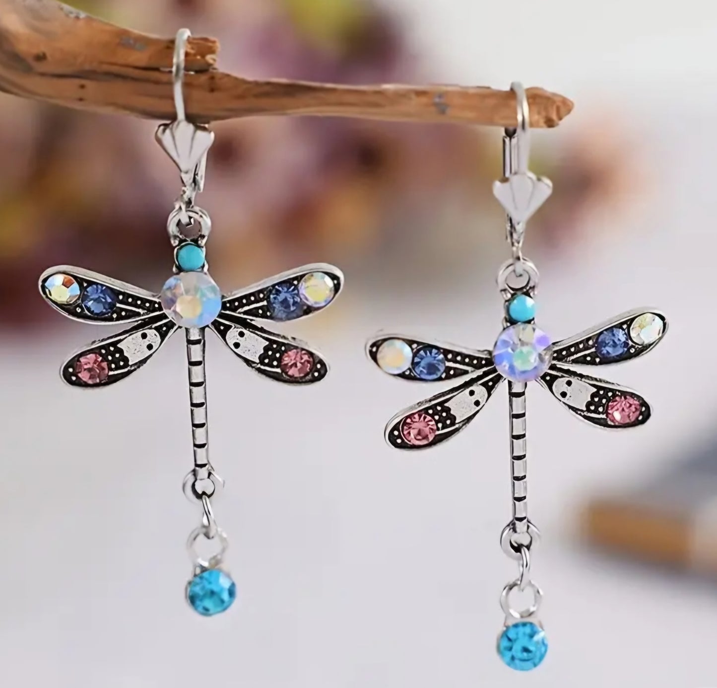 Colourful Ornate Silver Plated Rhinestone Inlay Dragonfly Design Drop Dangle Earrings