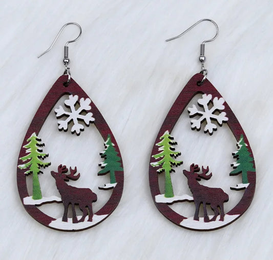 Christmas Winter Wood Scene Snowflake Reindeer Design Large Teard Drop Wood Cut Out Drop Dangle Earrings