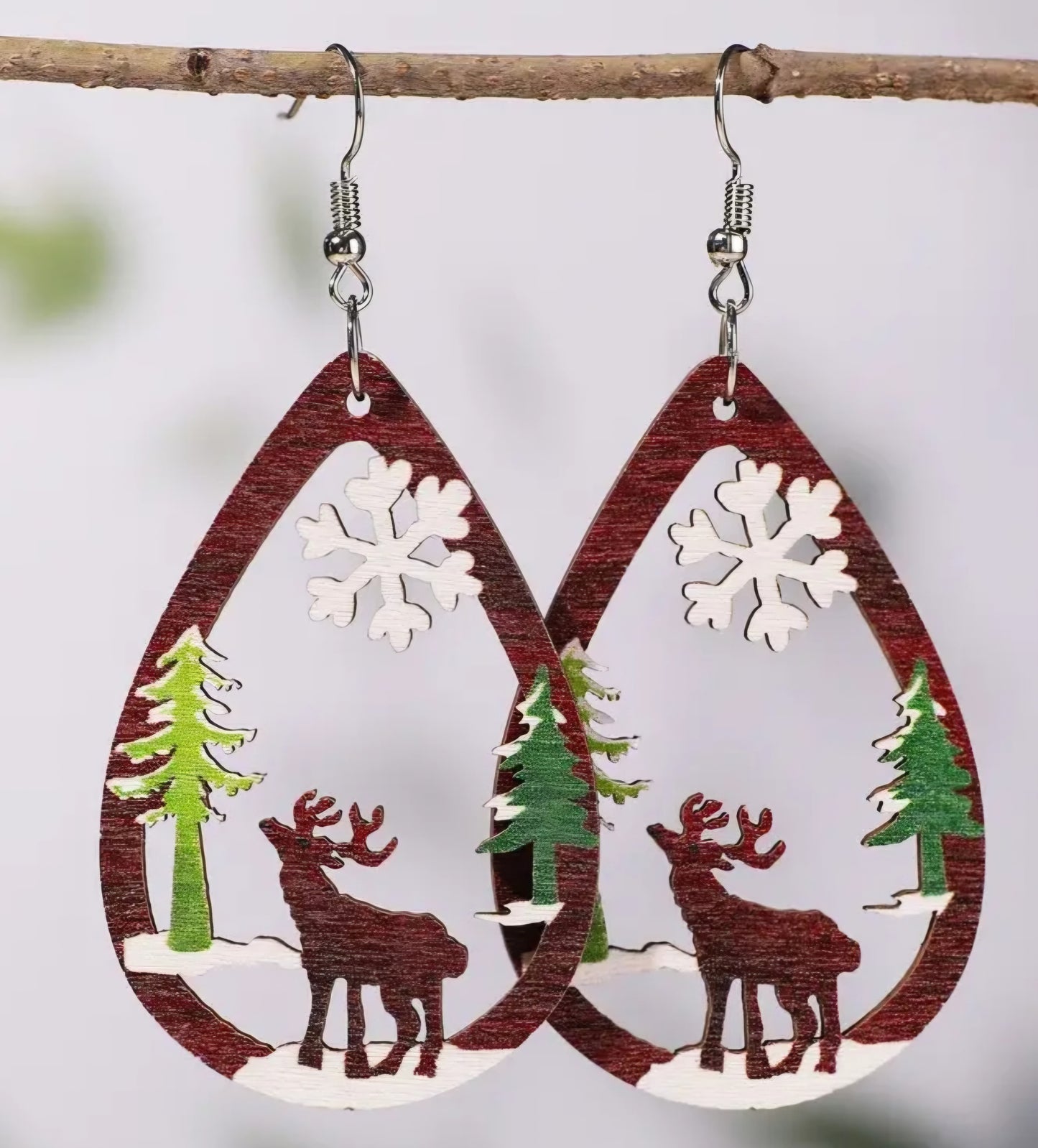 Christmas Winter Wood Scene Snowflake Reindeer Design Large Teard Drop Wood Cut Out Drop Dangle Earrings