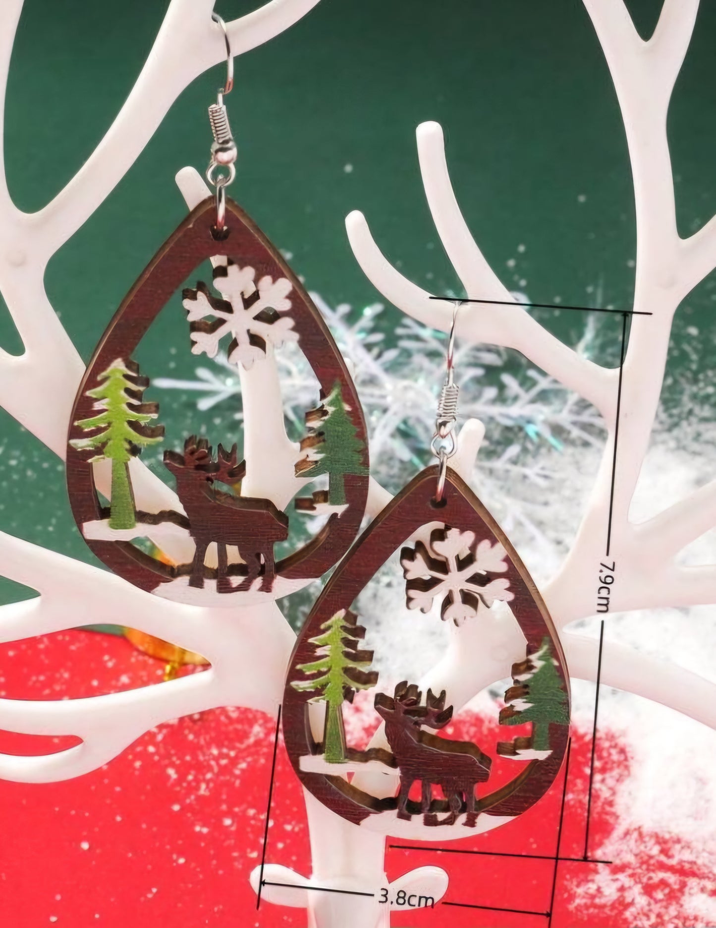 Christmas Winter Wood Scene Snowflake Reindeer Design Large Teard Drop Wood Cut Out Drop Dangle Earrings