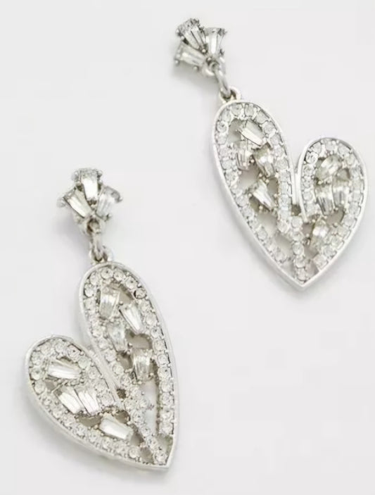 Large Elongated Heart Design Silver Plated Rhinestone Bling Drop Dangle Earrings