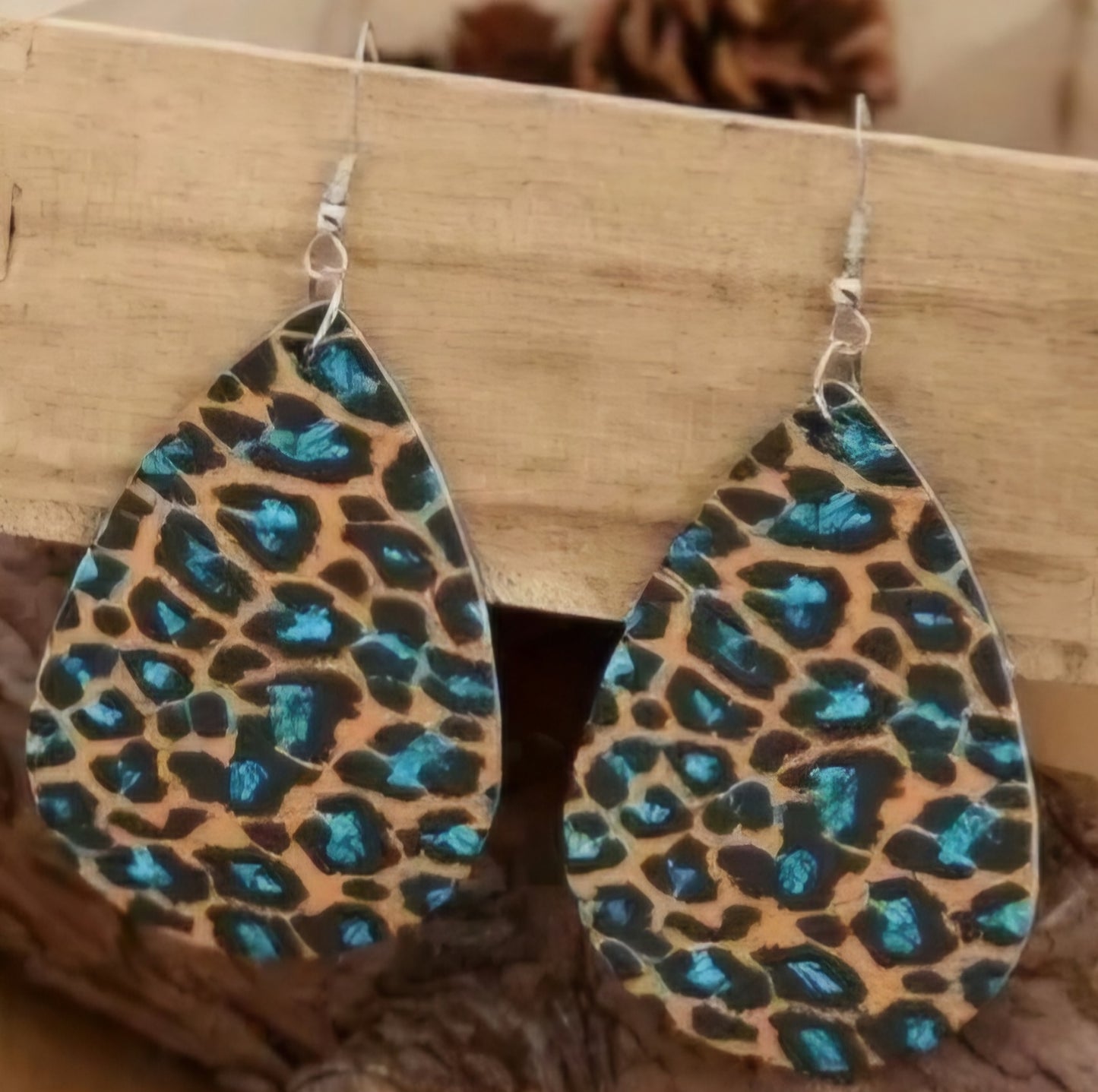 Blue Large Leopard Print Design Printed Oval Vegan PU Leather Drop Dangle Earrings