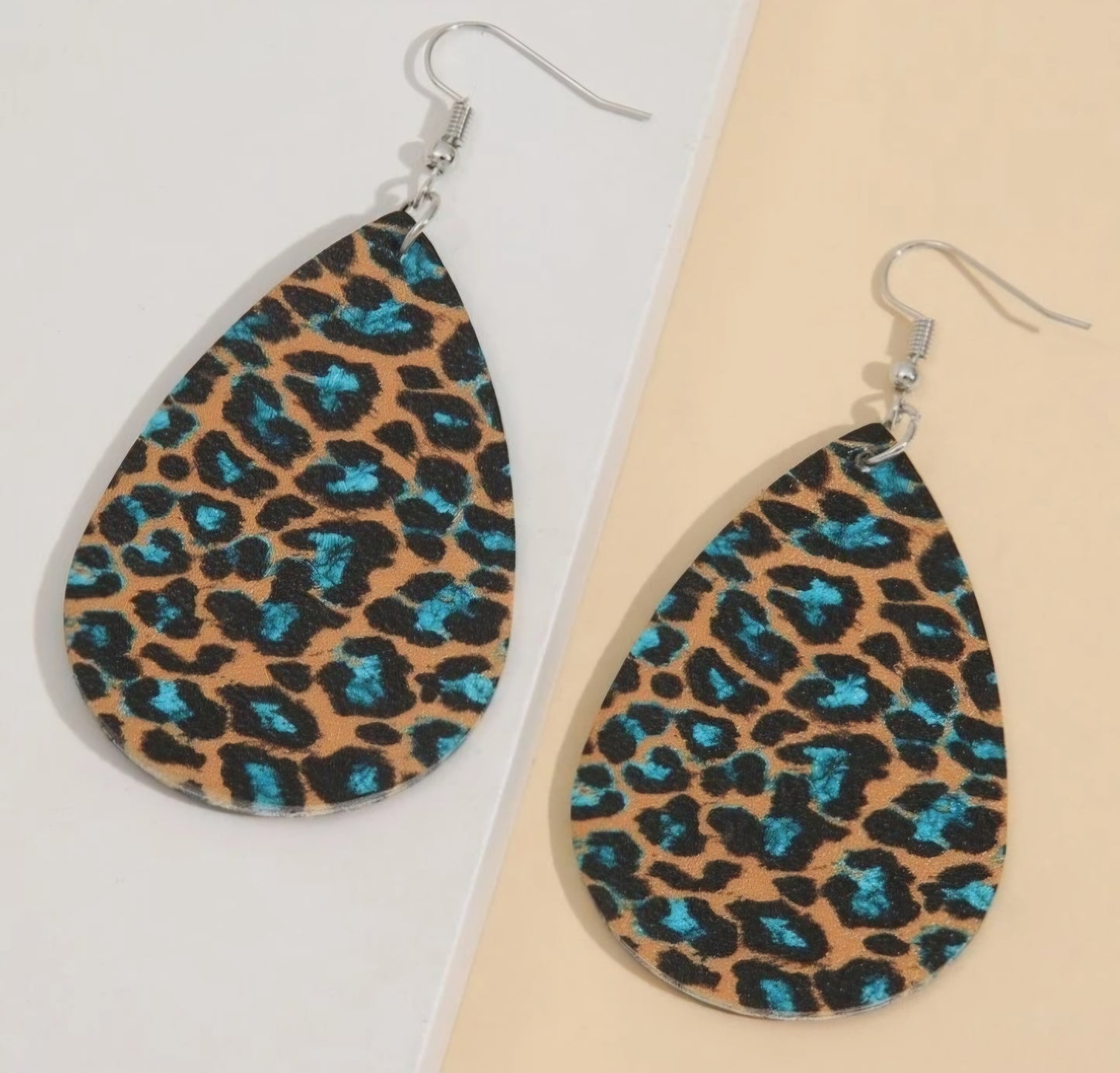 Blue Large Leopard Print Design Printed Oval Vegan PU Leather Drop Dangle Earrings