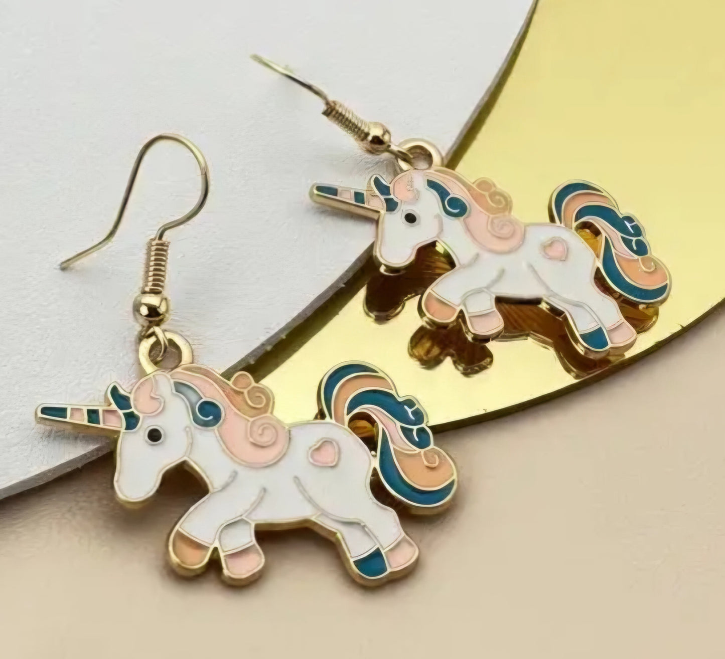 Colourful White Unicorn Design Enamel Metal Drop Earrings