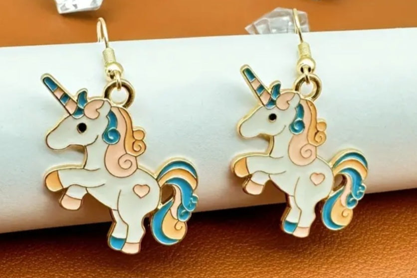 Colourful White Unicorn Design Enamel Metal Drop Earrings